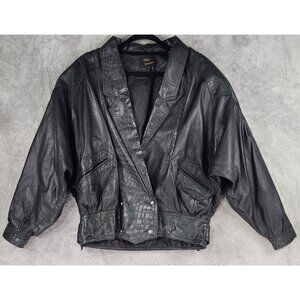 Four Seasons Leather Jacket Womens Medium Black Snap Long Sleeve Retro Vintage
